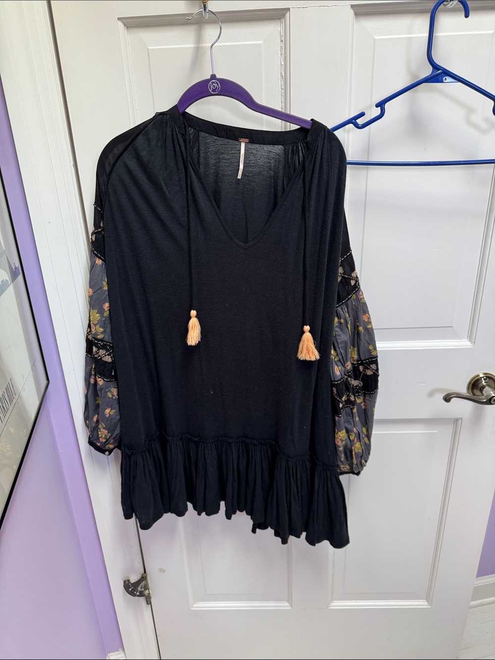 Free People Black Ruffle Hem Peasant Tunic with Floral Sheer Sleeves